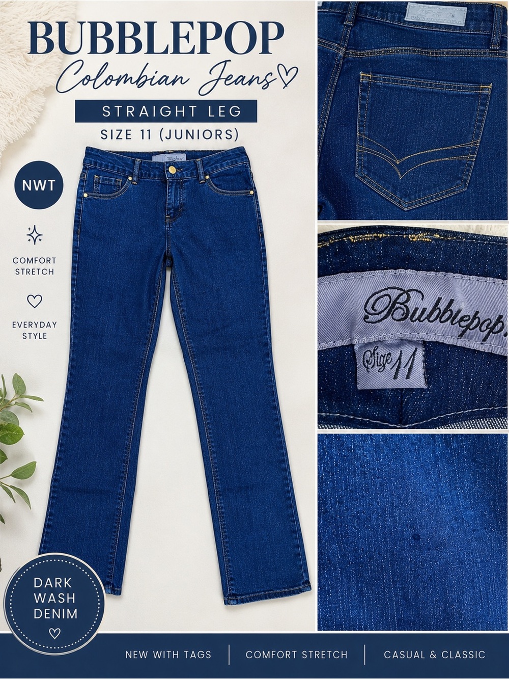 Bubblepop Colombian Straight Leg Jeans Size 11 Dark Wash Stretch Denim NWT